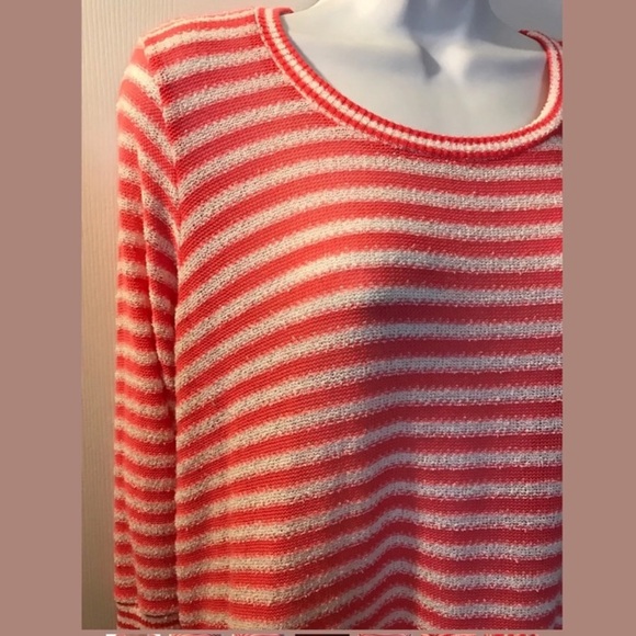 SPLENDID Deco Stripe Crewneck Sweater Pink Coral White Lightweight Knit Pullover - Picture 4 of 8